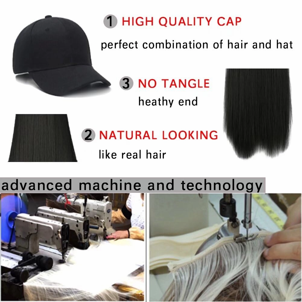 iLUU Wig and Hat Baseball Cap With Black Brown Hair Extensions Synthetic Hairpiece With Attached Black Cap Hat With 24inch Long Straight Smooth Natural Black Hair Extensions For Women Girl