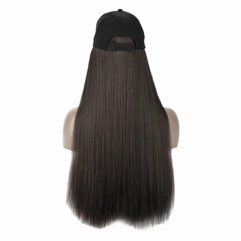 iLUU Wig and Hat Baseball Cap With Black Brown Hair Extensions Synthetic Hairpiece With Attached Black Cap Hat With 24inch Long Straight Smooth Natural Black Hair Extensions For Women Girl