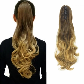 iLUU Women Synthetic Hairpiece 8# Brown to #27 Golden Blonde Two Tone Long Curly Wavy Claw on in Ponytail Pony Tail Hair Extension Extensions for Wedding Party Cosply 130g/24/60cm
