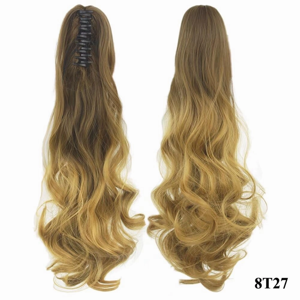 iLUU Women Synthetic Hairpiece 8# Brown to #27 Golden Blonde Two Tone Long Curly Wavy Claw on in Ponytail Pony Tail Hair Extension Extensions for Wedding Party Cosply 130g/24/60cm