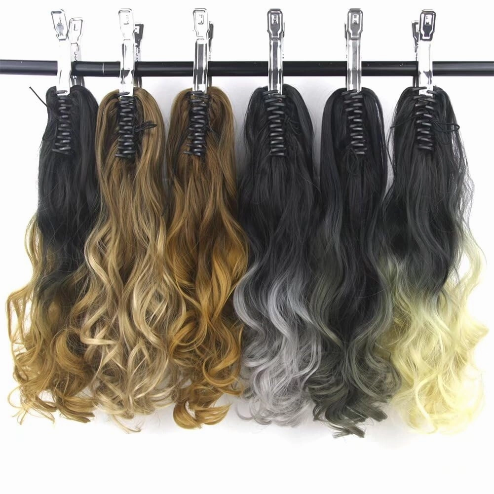 iLUU Women Synthetic Hairpiece 8# Brown to #27 Golden Blonde Two Tone Long Curly Wavy Claw on in Ponytail Pony Tail Hair Extension Extensions for Wedding Party Cosply 130g/24/60cm