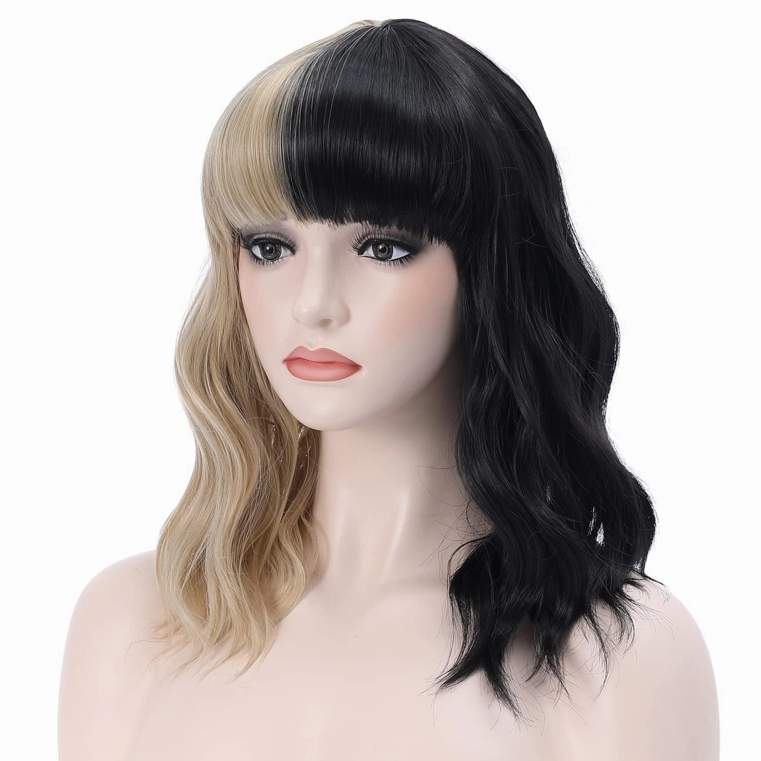 incohair 14 Inches Black and Blonde Wig Short Curly Wavy Black Blonde Wig for Women Girls Synthetic Daily Part Wigs