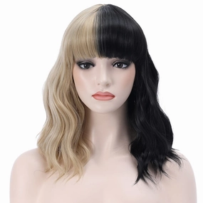 incohair 14 Inches Black and Blonde Wig Short Curly Wavy Black Blonde Wig for Women Girls Synthetic Daily Part Wigs