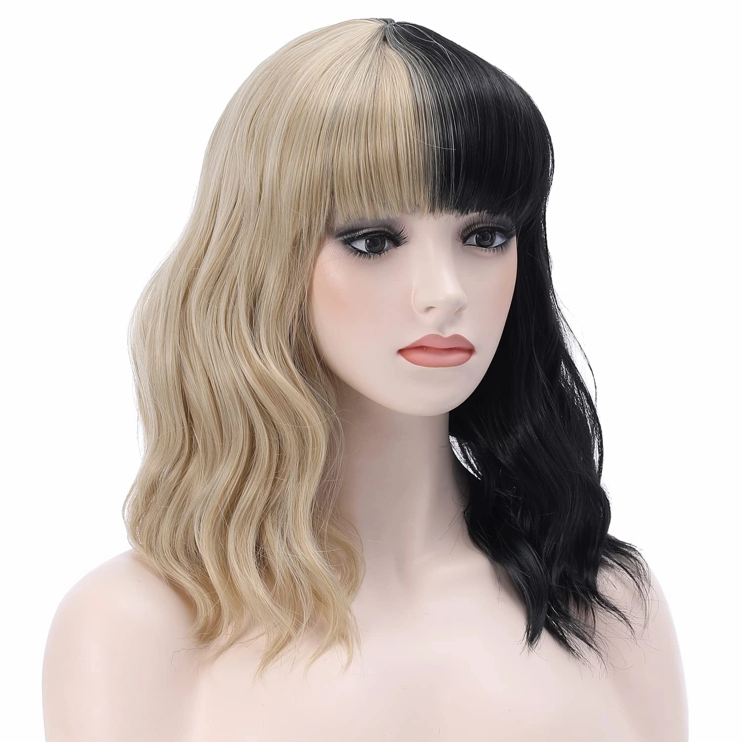 incohair 14 Inches Black and Blonde Wig Short Curly Wavy Black Blonde Wig for Women Girls Synthetic Daily Part Wigs