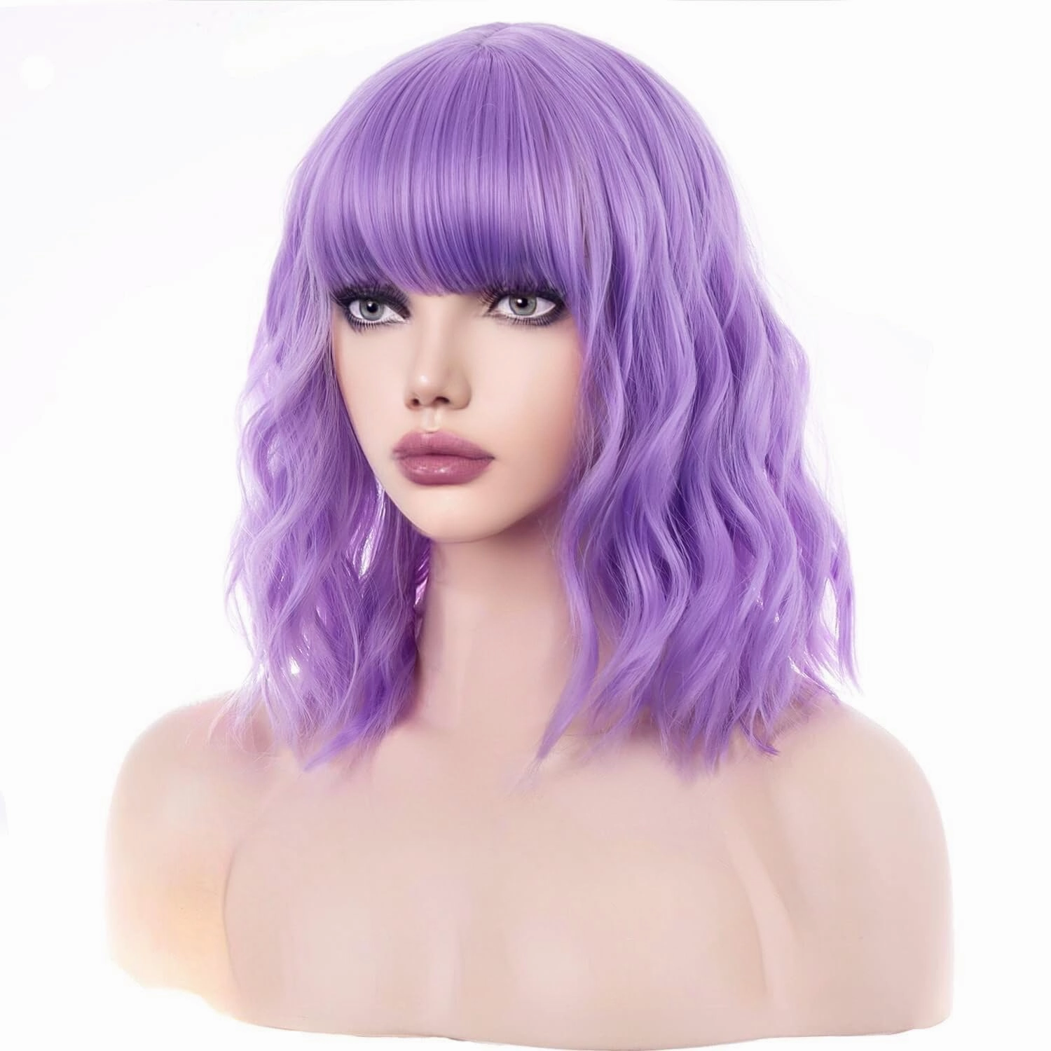 incohair 14 Inches Purple Wig with Bangs Women Girls Short Curly Wavy Bob Wig Shoulder Synthetic Party Wigs Wig Cap Included (Lavender Purple)
