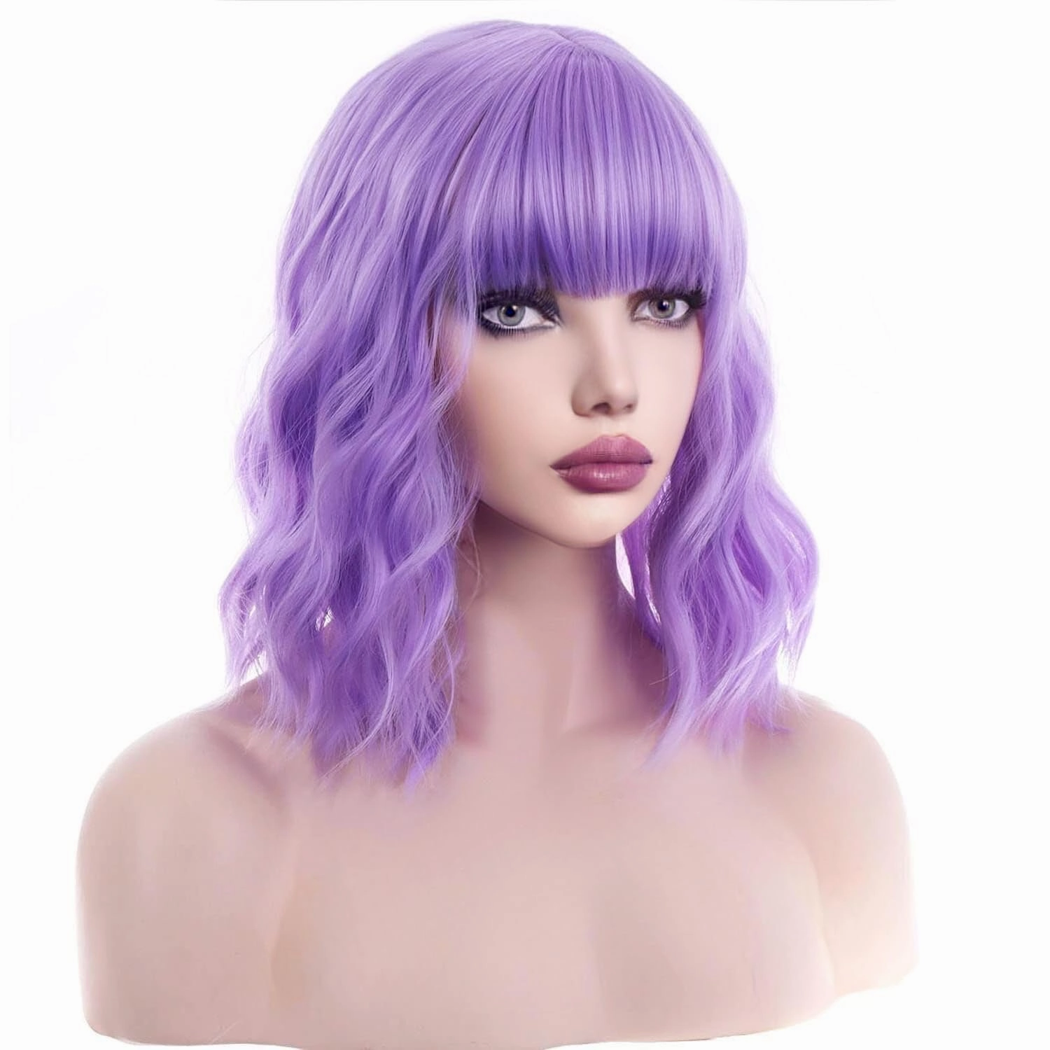 incohair 14 Inches Purple Wig with Bangs Women Girls Short Curly Wavy Bob Wig Shoulder Synthetic Party Wigs Wig Cap Included (Lavender Purple)