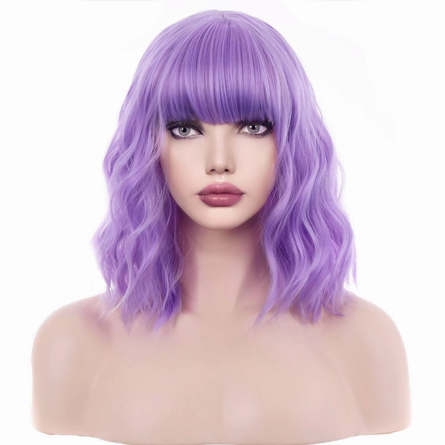 incohair 14 Inches Purple Wig with Bangs Women Girls Short Curly Wavy Bob Wig Shoulder Synthetic Party Wigs Wig Cap Included (Lavender Purple)