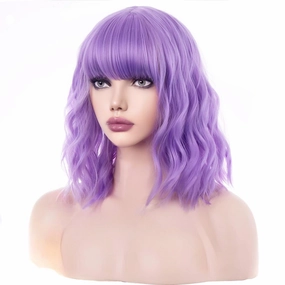 incohair 14 Inches Purple Wig with Bangs Women Girls Short Curly Wavy Bob Wig Shoulder Synthetic Party Wigs Wig Cap Included (Lavender Purple)