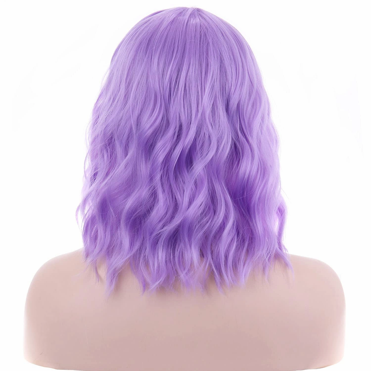 incohair 14 Inches Purple Wig with Bangs Women Girls Short Curly Wavy Bob Wig Shoulder Synthetic Party Wigs Wig Cap Included (Lavender Purple)