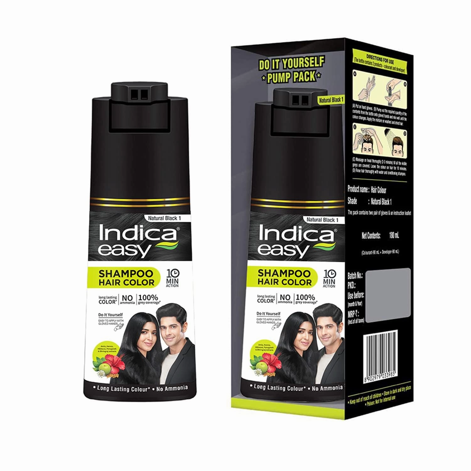 Indi.ca Easy Do-It-Yourself Hair Color Shampoo Pump Pack with 5 Herbal Extracts and 100% Ammonia Free, Long Lasting Formula, 180 ML - Natural Black Colour (Gloves Included)