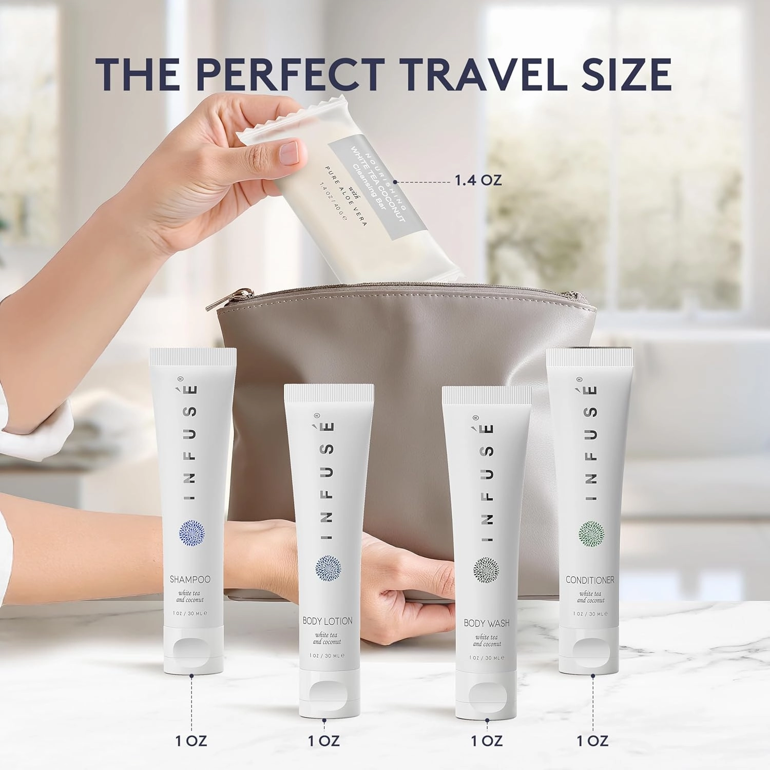 Infuse Pure White Tea and Coconut Hotel Soaps and Toiletries Bulk Set | 1-Shoppe All-In-Kit for Airbnb | 1oz Shampoo & Conditioner, Body Wash, Lotion & 1.25oz Bar Soap | Travel Size 300 Pieces