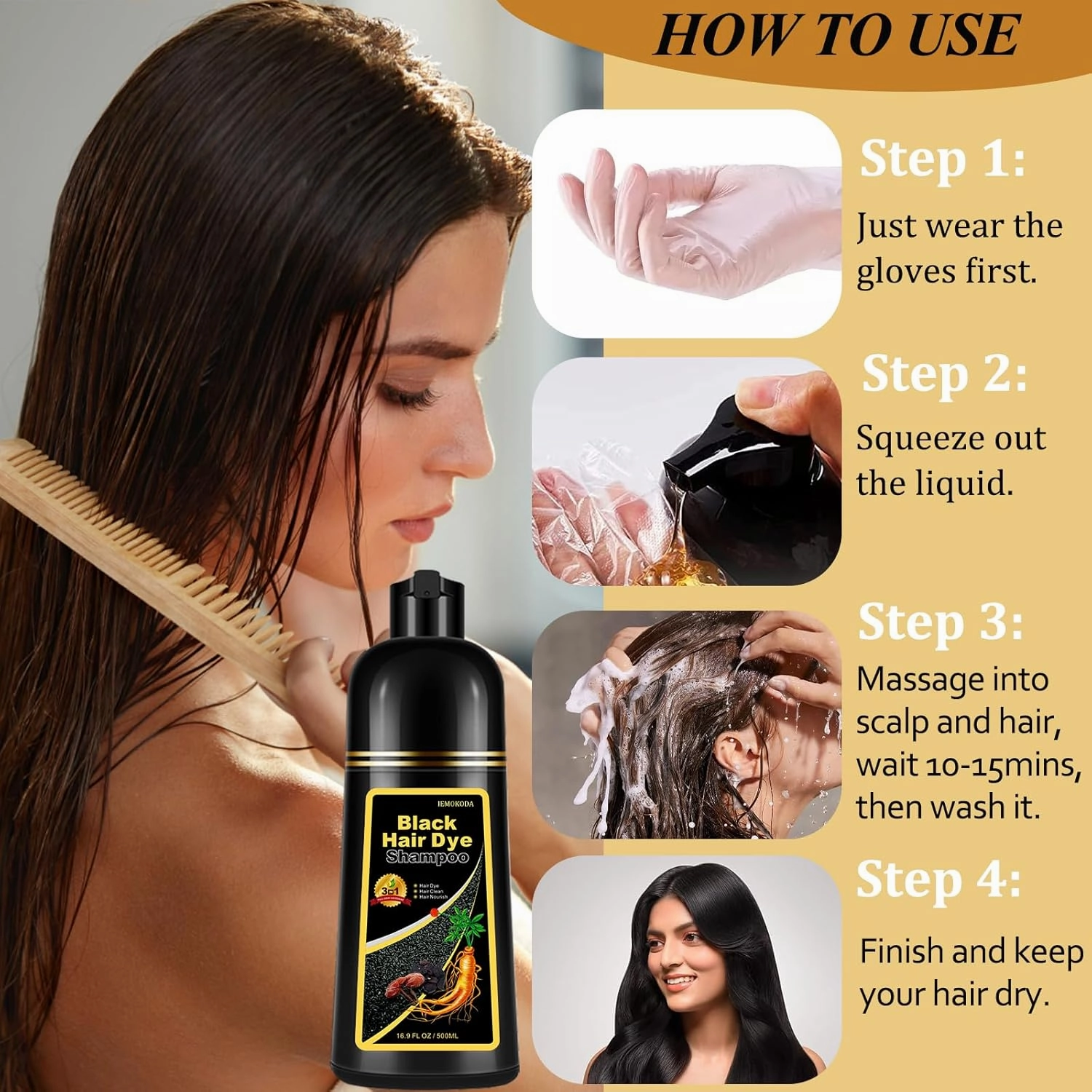 Instant Black Hair Dye Shampoo, Natural 3-in-1 for Gray Coverage in 10-15 mins, Long-Lasting Color Effect for Women and Men, 16.9 Fl Oz (Black)