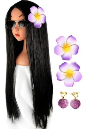 Isabela Cosplay Wig & Flower Headdress & Earring Jewelry, for Encanto Anime Party Costume Dress Clothing Accessories, Long Black Synthetic Hair; 47YS