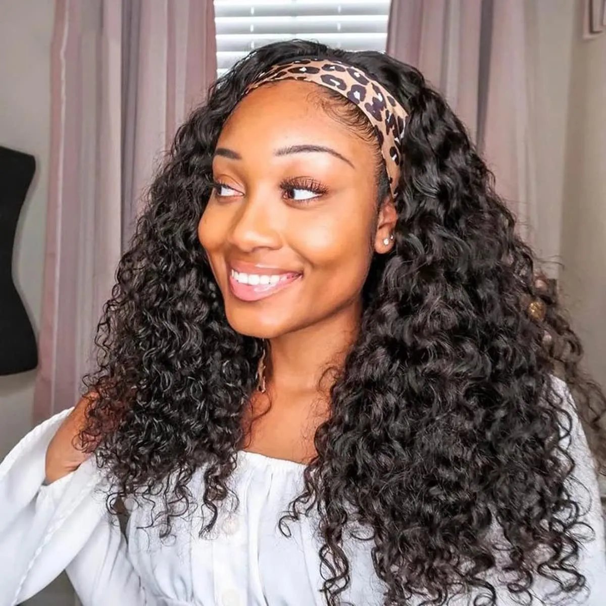 ISEE Hair Headband Human Hair Wigs 180% Density Water Wave Curly None Lace Front Wigs for Black Women Glueless Deep Wave Machine Made 16Inch