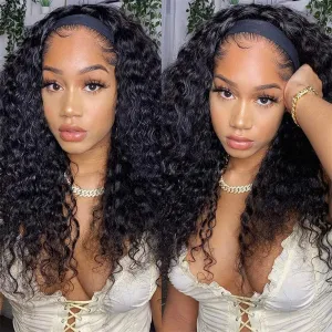 ISEE Hair Headband Human Hair Wigs 180% Density Water Wave Curly None Lace Front Wigs for Black Women Glueless Deep Wave Machine Made 16Inch