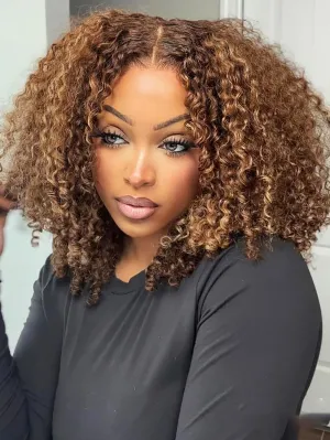 ISEE M-Cap Kinky Curly Wear Go Glueless Wigs Human Hair Pre Plucked Pre Cut Bleached Knots 9x6 HD Lace Glueless Human Hair Wigs For Women (Highlight Ombre, 16 Inch)