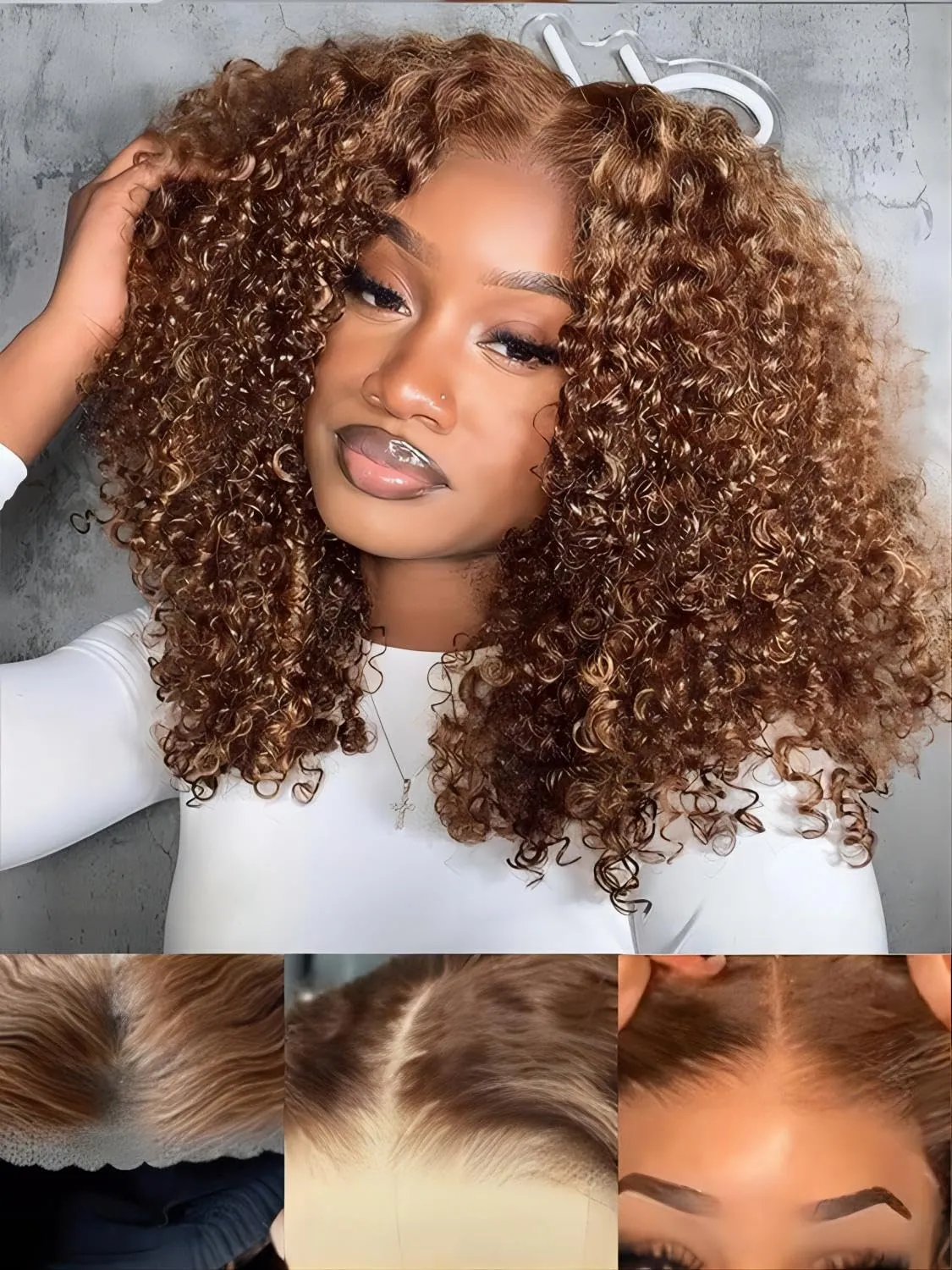 ISEE M-Cap Kinky Curly Wear Go Glueless Wigs Human Hair Pre Plucked Pre Cut Bleached Knots 9x6 HD Lace Glueless Human Hair Wigs For Women (Highlight Ombre, 16 Inch)