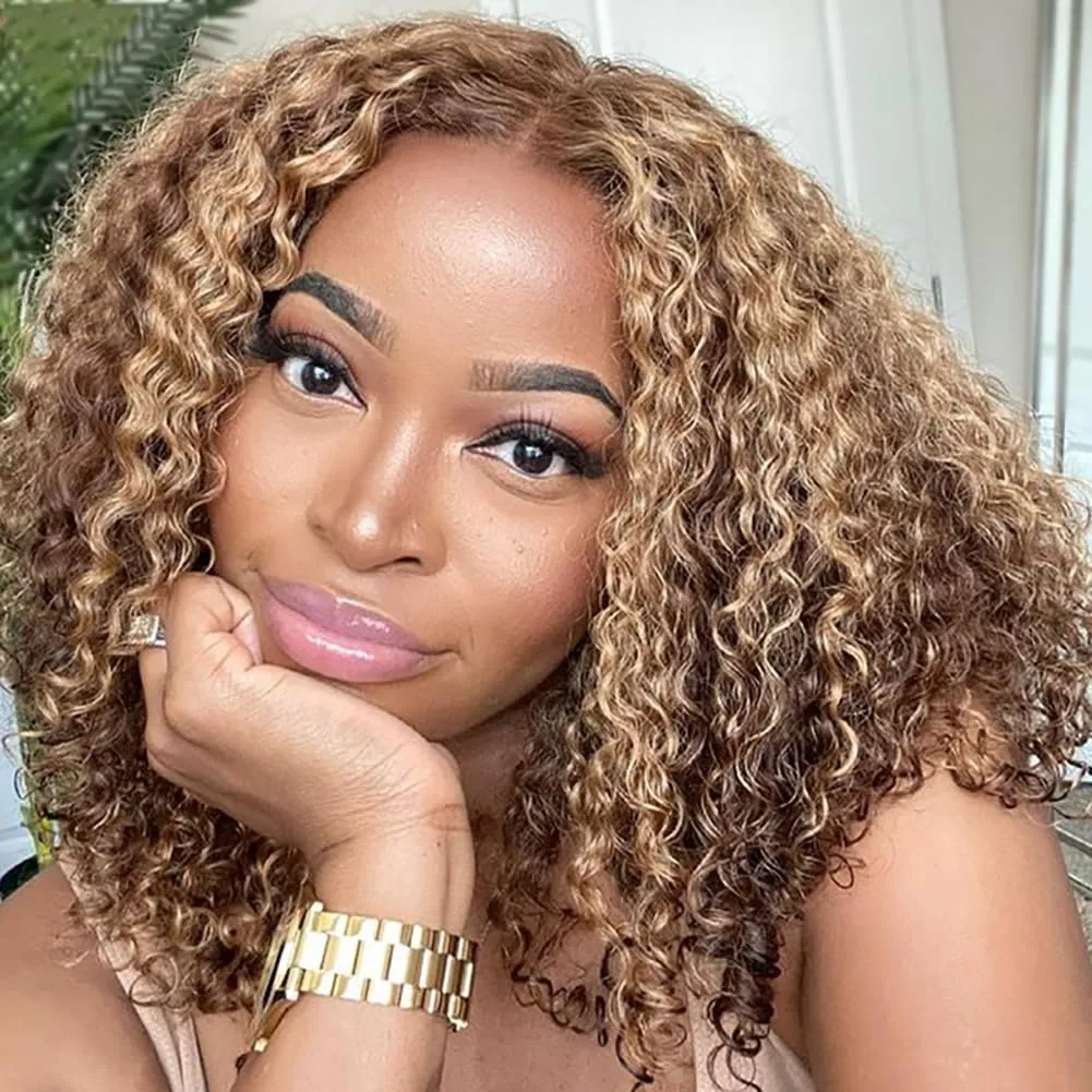 ISEE M-Cap Kinky Curly Wear Go Glueless Wigs Human Hair Pre Plucked Pre Cut Bleached Knots 9x6 HD Lace Glueless Human Hair Wigs For Women (Highlight Ombre, 16 Inch)