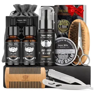 Isner Mile Beard Grooming Kit for Men: Trimming Sets with Beard Wash/Shampoo - Oil - Balm - Brush - Comb - Scissors & Storage Bag, Valentines Birthday Fathers Gifts for Dad Men Husband Boyfriend