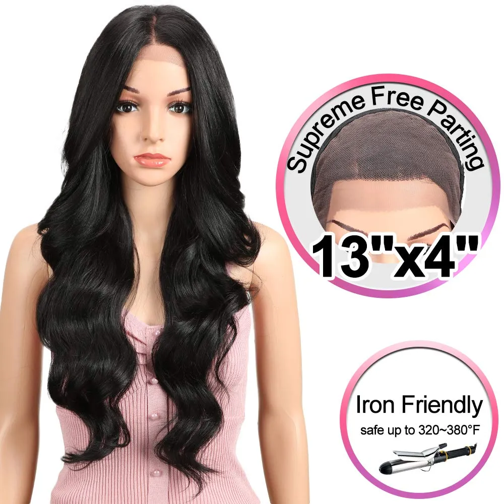 Joedir 26" Big Curly Wavy Supreme Free Parting HD Lace Frontal Wigs With Baby Hair High Temperature Synthetic Wigs For Women 180% Density Wigs(Black Color)