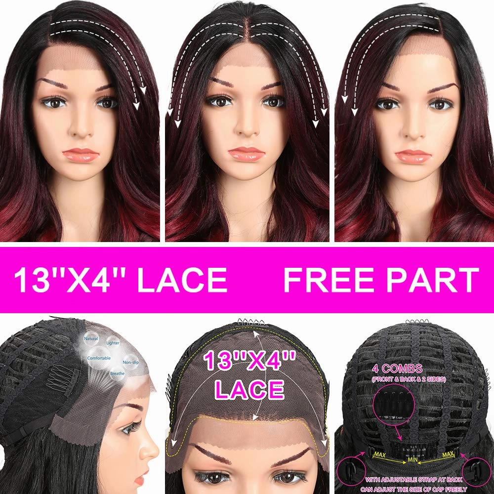 Joedir 26" Big Curly Wavy Supreme Free Parting HD Lace Frontal Wigs With Baby Hair High Temperature Synthetic Wigs For Women 180% Density Wigs(Ombre Black to Dark Wine Color)