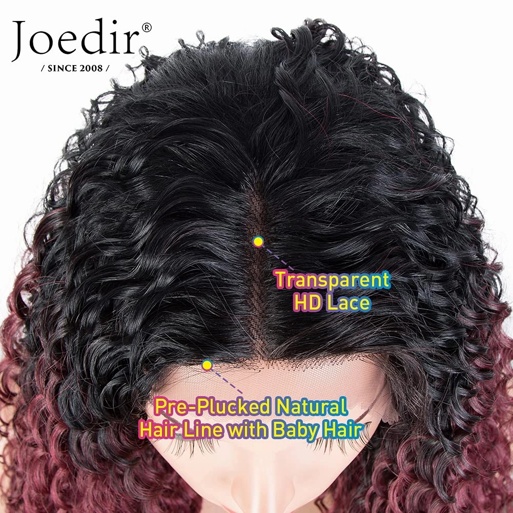 Joedir 28" Long Curly Lace Front with 1.5"x3" Lace Wig Heat Resistant Synthetic Wigs For Black Women 130% Density(Ombre Black to Wine Color)