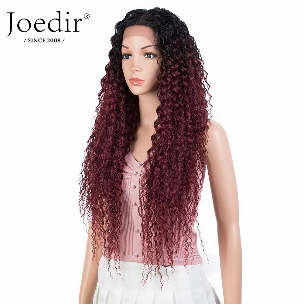 Joedir 28" Long Curly Lace Front with 1.5"x3" Lace Wig Heat Resistant Synthetic Wigs For Black Women 130% Density(Ombre Black to Wine Color)