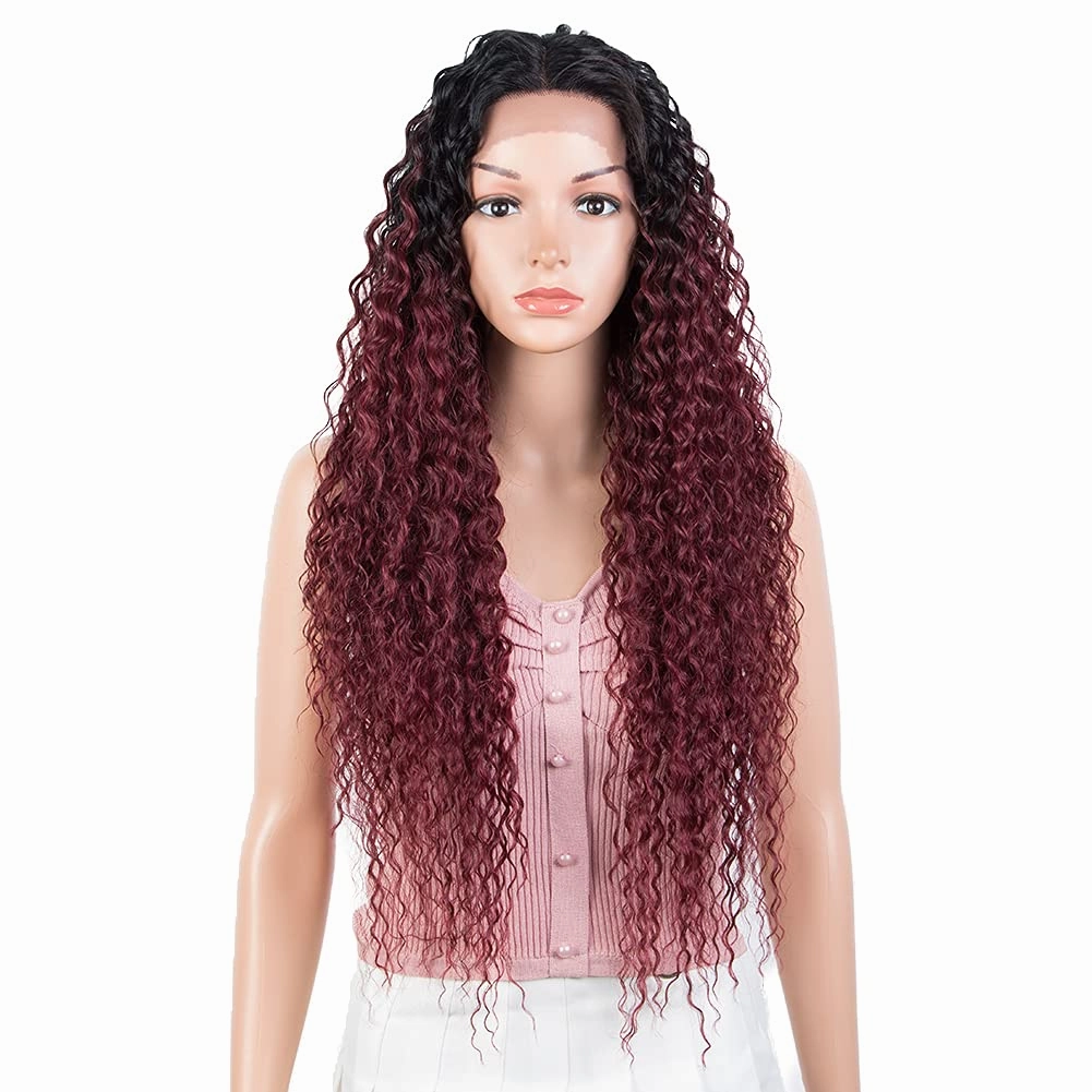 Joedir 28" Long Curly Lace Front with 1.5"x3" Lace Wig Heat Resistant Synthetic Wigs For Black Women 130% Density(Ombre Black to Wine Color)