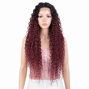 Joedir 28" Long Curly Lace Front with 1.5"x3" Lace Wig Heat Resistant Synthetic Wigs For Black Women 130% Density(Ombre Black to Wine Color)