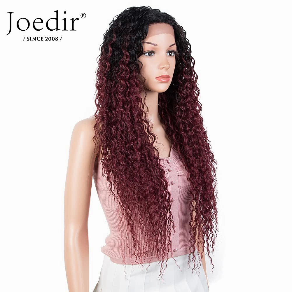 Joedir 28" Long Curly Lace Front with 1.5"x3" Lace Wig Heat Resistant Synthetic Wigs For Black Women 130% Density(Ombre Black to Wine Color)