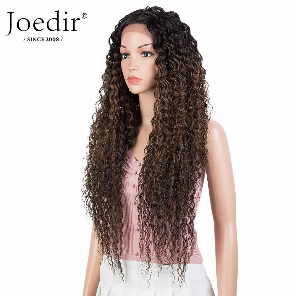 Joedir 28" Long Curly Lace Front with 1.5"x3" Lace Wig Heat Resistant Synthetic Wigs For Black Women 130% Density(Ombre Brown Color)