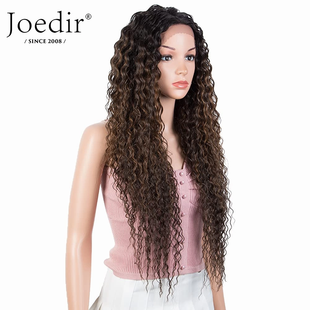 Joedir 28" Long Curly Lace Front with 1.5"x3" Lace Wig Heat Resistant Synthetic Wigs For Black Women 130% Density(Ombre Brown Color)