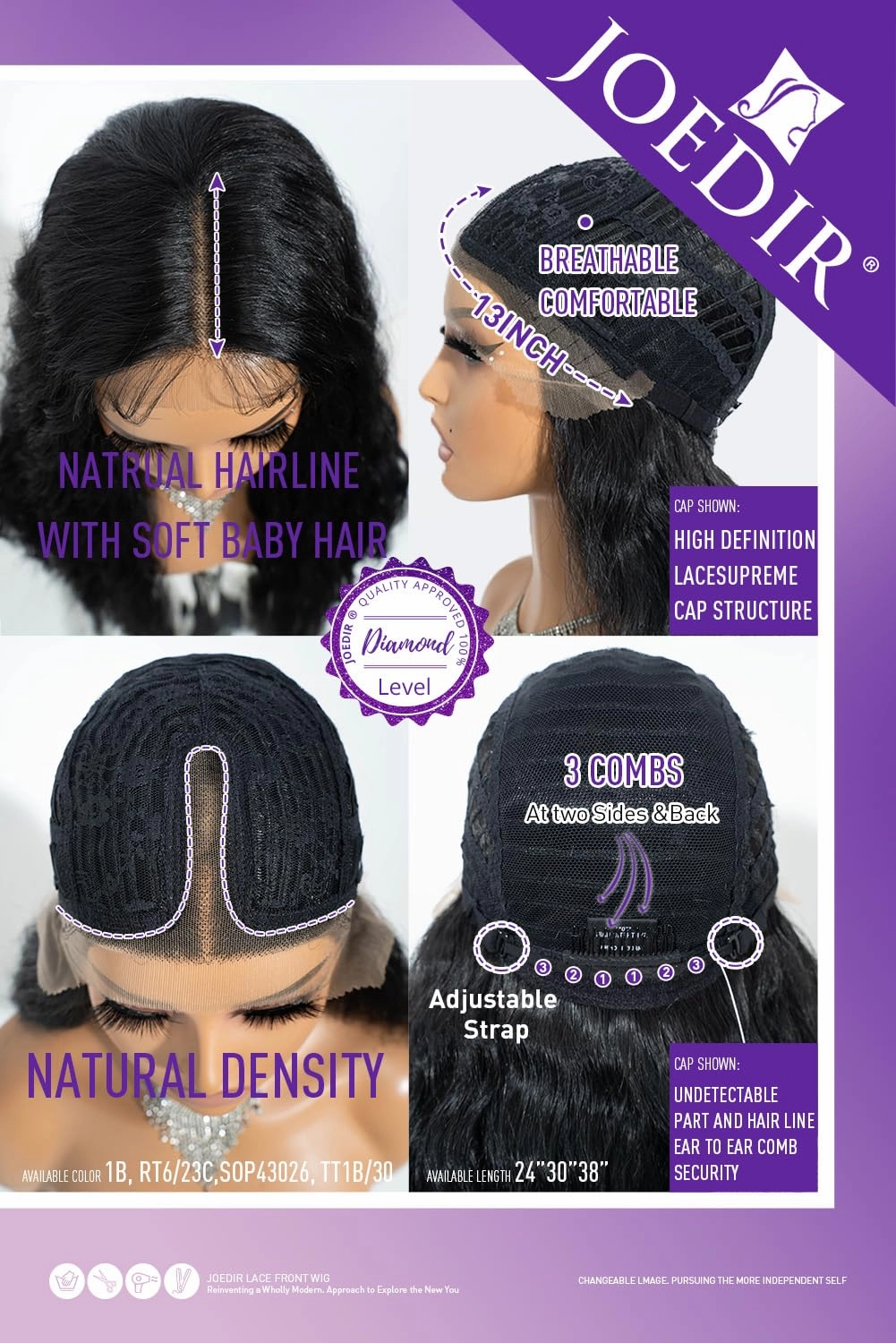 Joedir 30" Long Wavy Lace Front Deep Part Wig Superior Natural Hair with Baby Hair Heat Resistant Synthetic Wigs For Women 130% Density(Black Color)