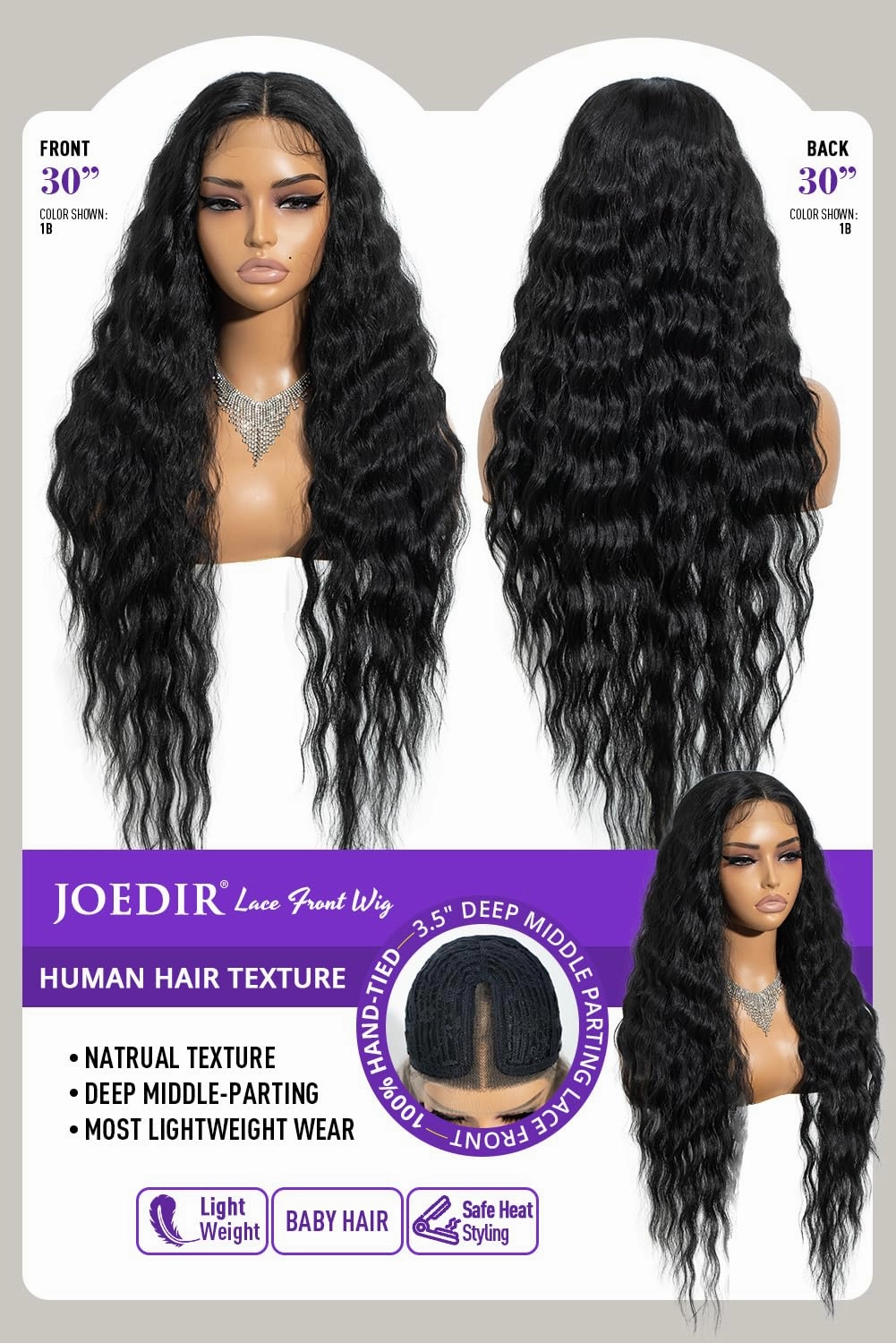 Joedir 30" Long Wavy Lace Front Deep Part Wig Superior Natural Hair with Baby Hair Heat Resistant Synthetic Wigs For Women 130% Density(Black Color)