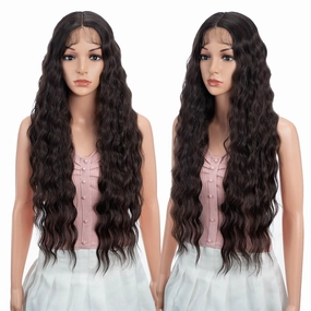 Joedir 30" Long Wavy Lace Front with 1.5"x4.5" Deep Part Lace Wig Heat Resistant Synthetic Wigs For Women 130% Density(Chocolate Brown Color)