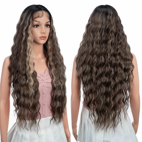 Joedir 30" Long Wavy Lace Front with 1.5"x4.5" Deep Part Lace Wig Heat Resistant Synthetic Wigs For Women 130% Density(Dark Brown Mixed Blonde Highlights Color)