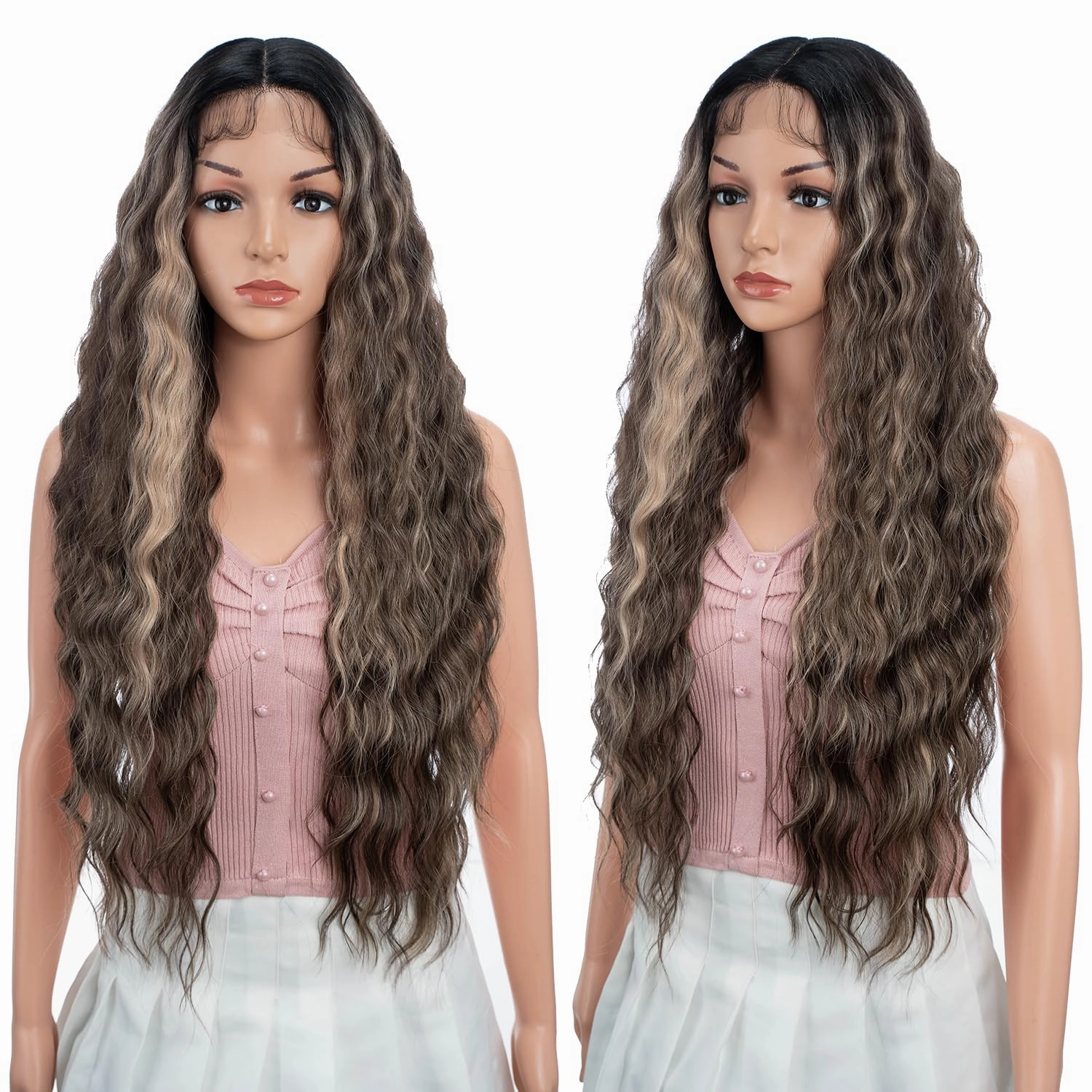 Joedir 30" Long Wavy Lace Front with 1.5"x4.5" Deep Part Lace Wig Heat Resistant Synthetic Wigs For Women 130% Density(Dark Brown Mixed Blonde Highlights Color)