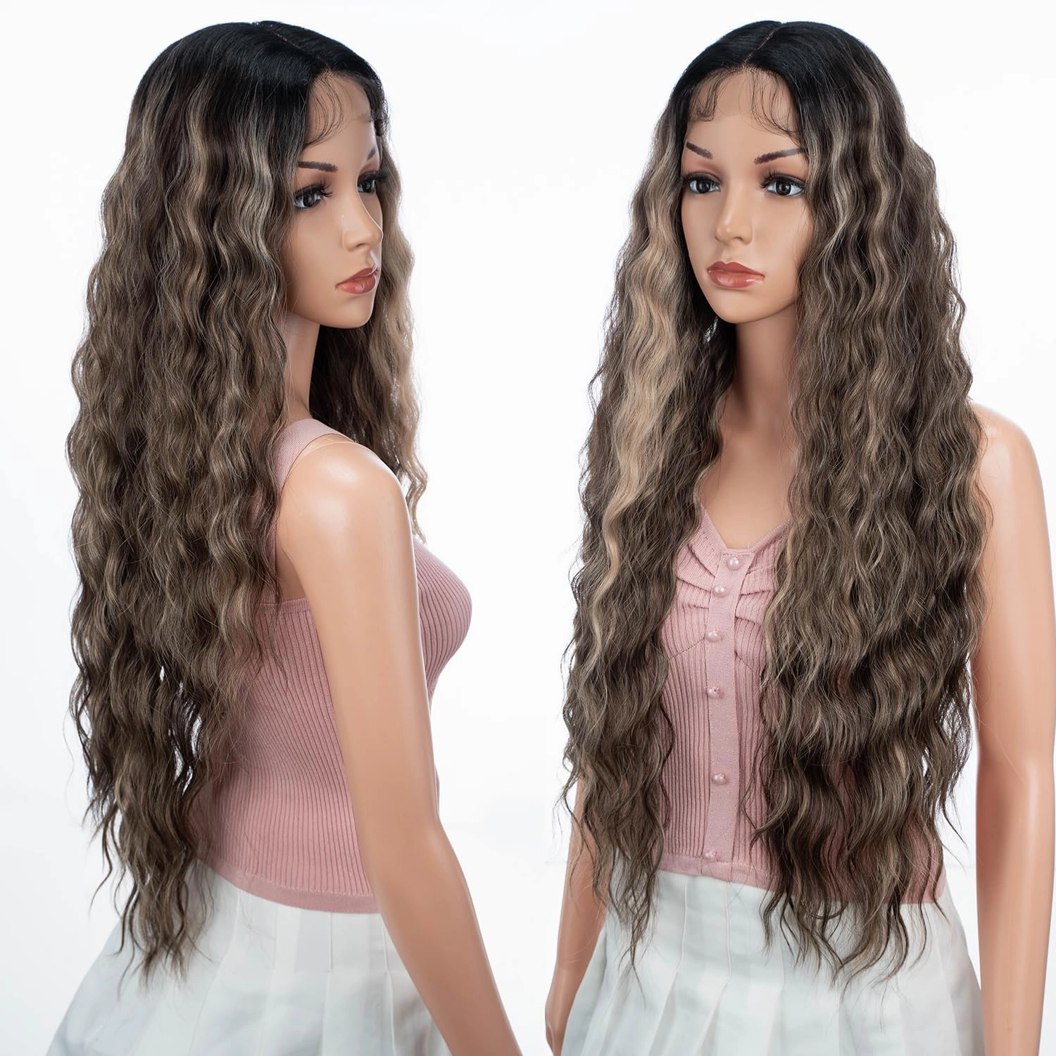 Joedir 30" Long Wavy Lace Front with 1.5"x4.5" Deep Part Lace Wig Heat Resistant Synthetic Wigs For Women 130% Density(Dark Brown Mixed Blonde Highlights Color)