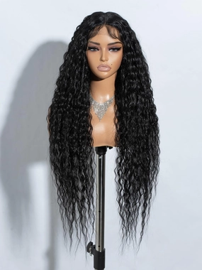 Joedir 32" Long Deep Curly Wavy Lace Front Synthetic Wigs HD Transparent Glueless Lace Wig Heat Resistant Fiber Pre Plucked Hairline with Baby Hair Wig for Women(Black Color)