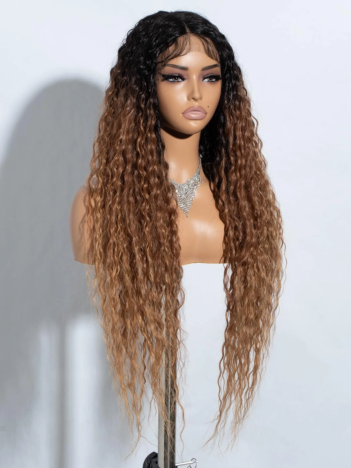 Joedir 32" Long Deep Curly Wavy Lace Front Synthetic Wigs HD Transparent Glueless Lace Wig Heat Resistant Fiber Pre Plucked Hairline with Baby Hair Wig for Women(Ombre Black to Honey Color)