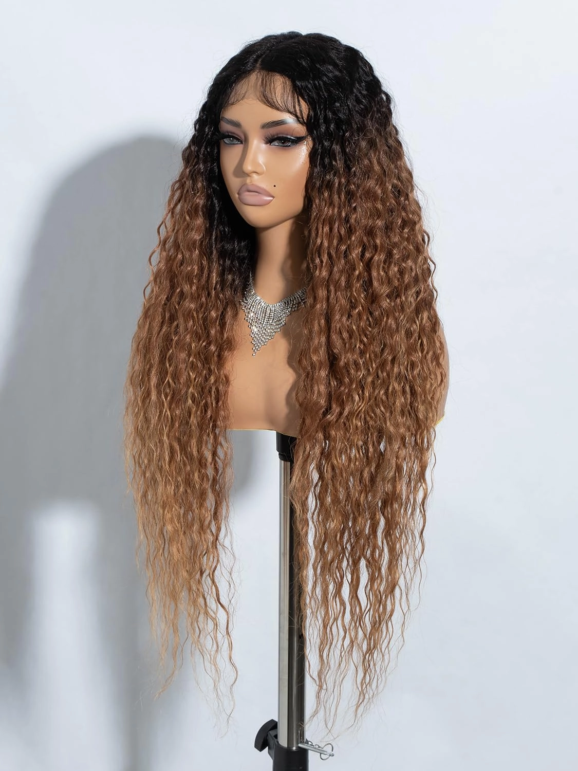 Joedir 32" Long Deep Curly Wavy Lace Front Synthetic Wigs HD Transparent Glueless Lace Wig Heat Resistant Fiber Pre Plucked Hairline with Baby Hair Wig for Women(Ombre Black to Honey Color)