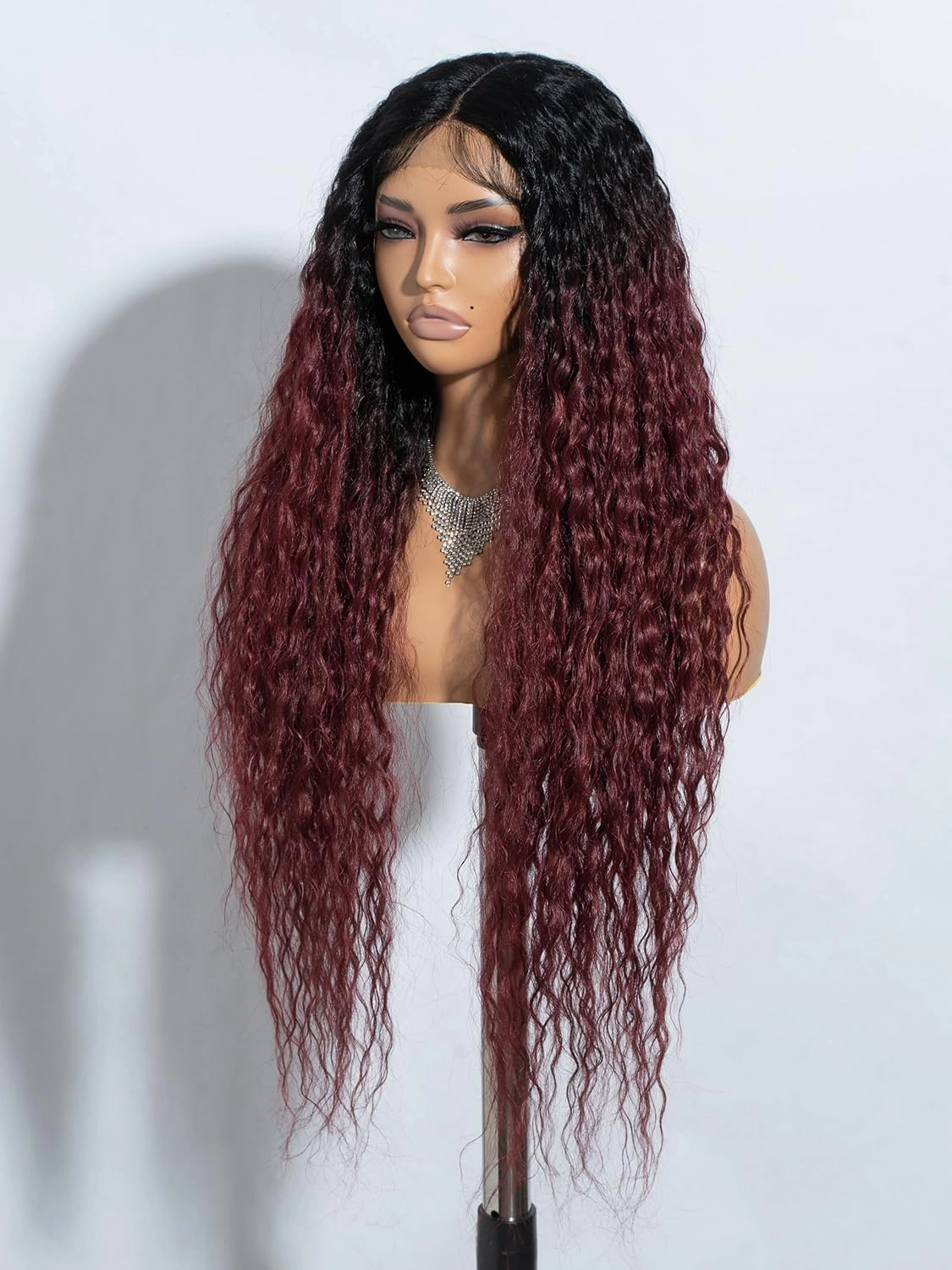 Joedir 32" Long Deep Curly Wavy Lace Front Synthetic Wigs HD Transparent Glueless Lace Wig Heat Resistant Fiber Pre Plucked Hairline with Baby Hair Wig for Women(Ombre Black to Wine Red Color)