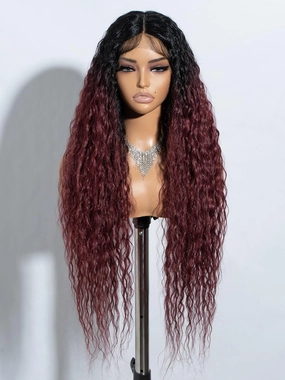 Joedir 32" Long Deep Curly Wavy Lace Front Synthetic Wigs HD Transparent Glueless Lace Wig Heat Resistant Fiber Pre Plucked Hairline with Baby Hair Wig for Women(Ombre Black to Wine Red Color)