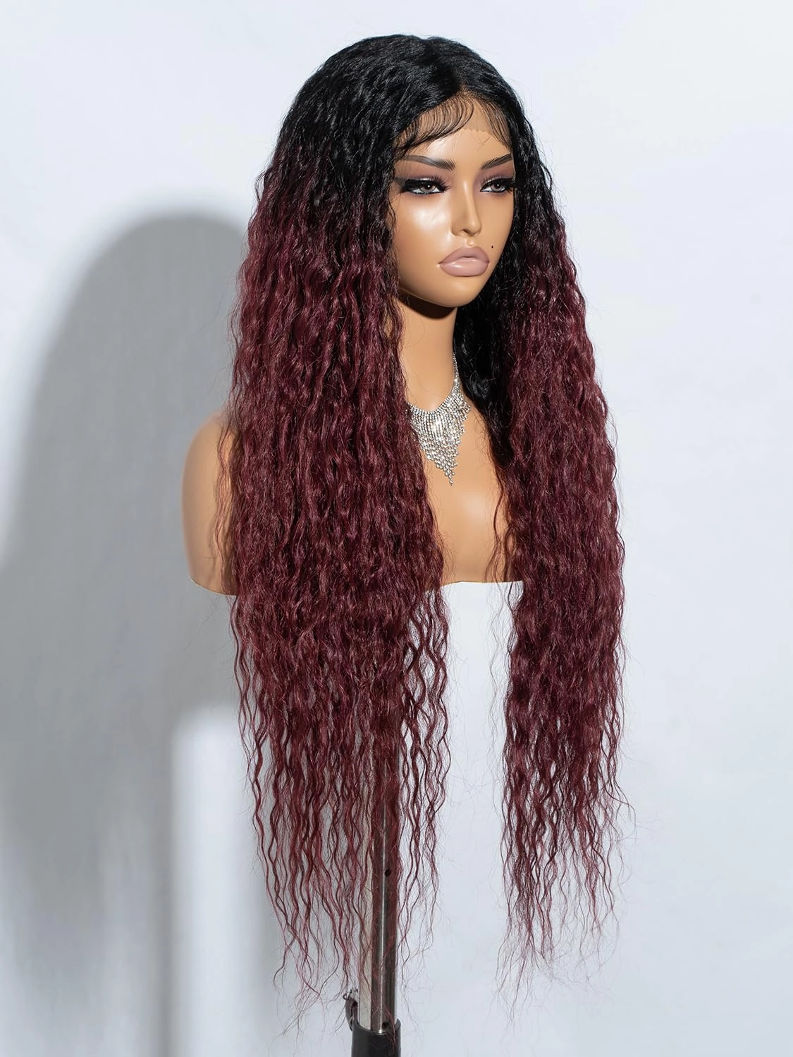 Joedir 32" Long Deep Curly Wavy Lace Front Synthetic Wigs HD Transparent Glueless Lace Wig Heat Resistant Fiber Pre Plucked Hairline with Baby Hair Wig for Women(Ombre Black to Wine Red Color)