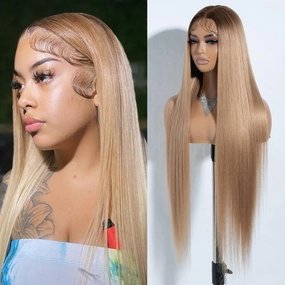 Joedir 34" Long Yaki Straight Lace Front Synthetic Wigs Middle Part HD Transparent Glueless Lace Wig Heat Resistant Fiber Pre Plucked Hairline with Baby Hair Wig for Women(Ombre Brown to Blonde Color)