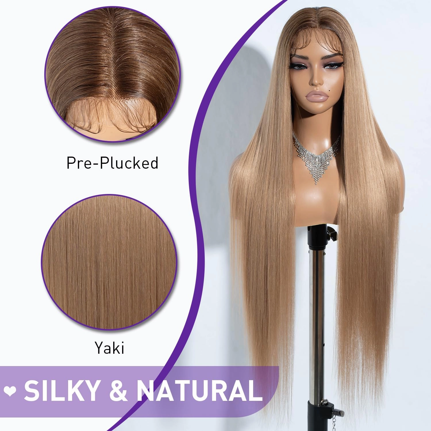 Joedir 34" Long Yaki Straight Lace Front Synthetic Wigs Middle Part HD Transparent Glueless Lace Wig Heat Resistant Fiber Pre Plucked Hairline with Baby Hair Wig for Women(Ombre Brown to Blonde Color)