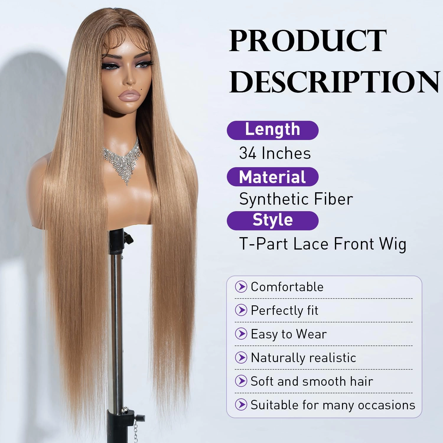 Joedir 34" Long Yaki Straight Lace Front Synthetic Wigs Middle Part HD Transparent Glueless Lace Wig Heat Resistant Fiber Pre Plucked Hairline with Baby Hair Wig for Women(Ombre Brown to Blonde Color)