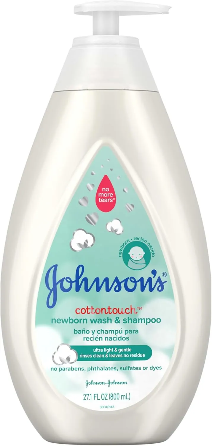 Johnson's CottonTouch Newborn Baby Wash & Shampoo with No More Tears, Sulfate-, Paraben- Free for Sensitive Skin, Made with Real Cotton, Gently Washes Away Dirt & Germs, 27.1 fl. oz