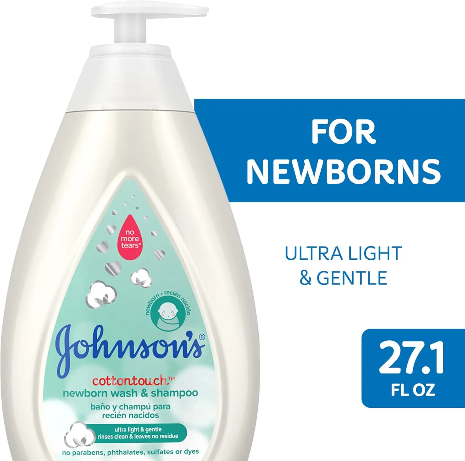 Johnson's CottonTouch Newborn Baby Wash & Shampoo with No More Tears, Sulfate-, Paraben- Free for Sensitive Skin, Made with Real Cotton, Gently Washes Away Dirt & Germs, 27.1 fl. oz