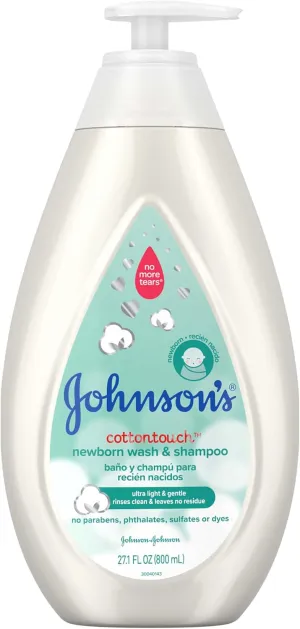 Johnson's CottonTouch Newborn Baby Wash & Shampoo with No More Tears, Sulfate-, Paraben- Free for Sensitive Skin, Made with Real Cotton, Gently Washes Away Dirt & Germs, 27.1 fl. oz